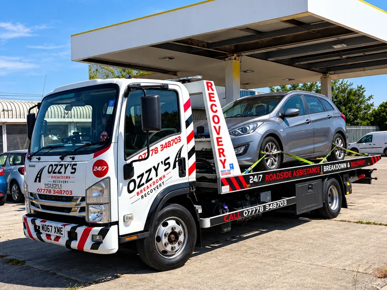 Silver estate car on the recovery flatbed