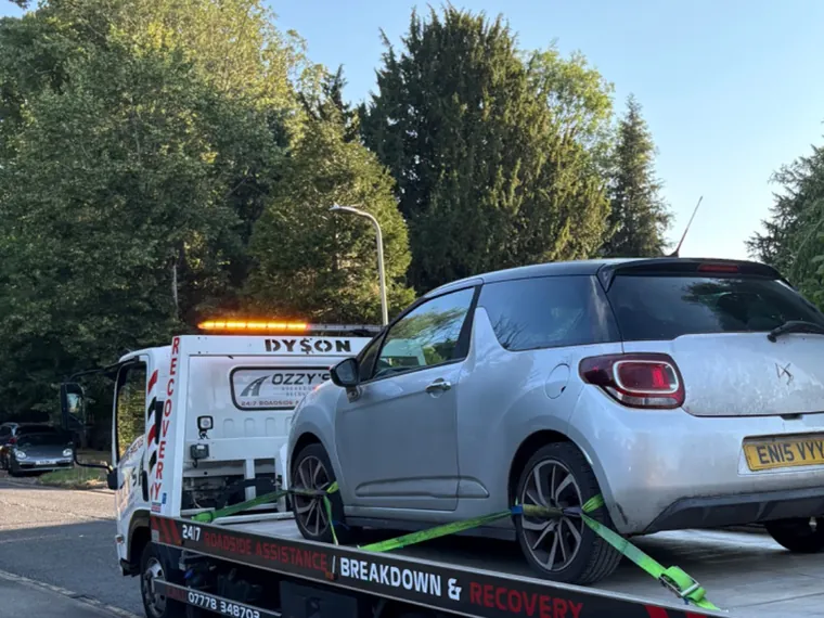 Car secured on the Ozzy’s Breakdown Recovery flatbed