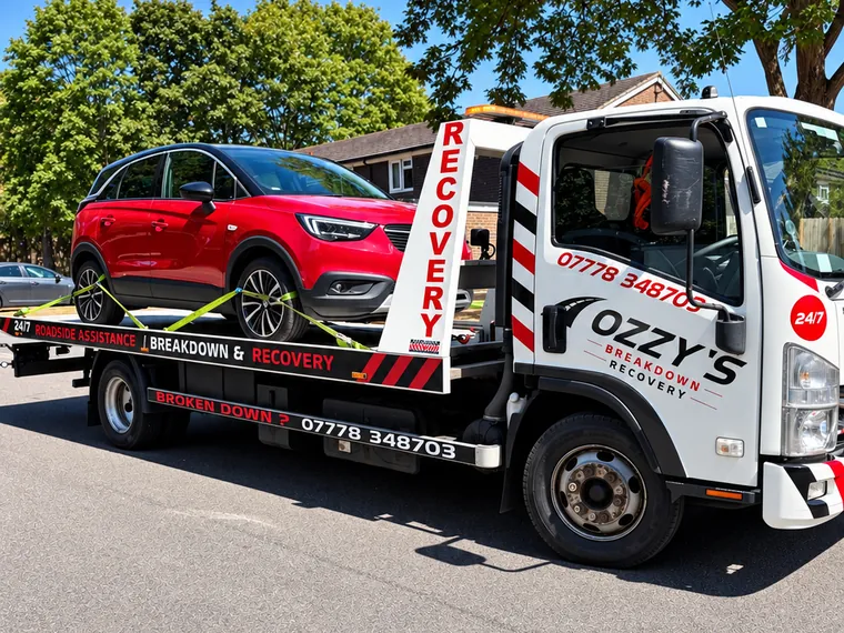 Red SUV on the Ozzy’s Breakdown Recovery flatbed